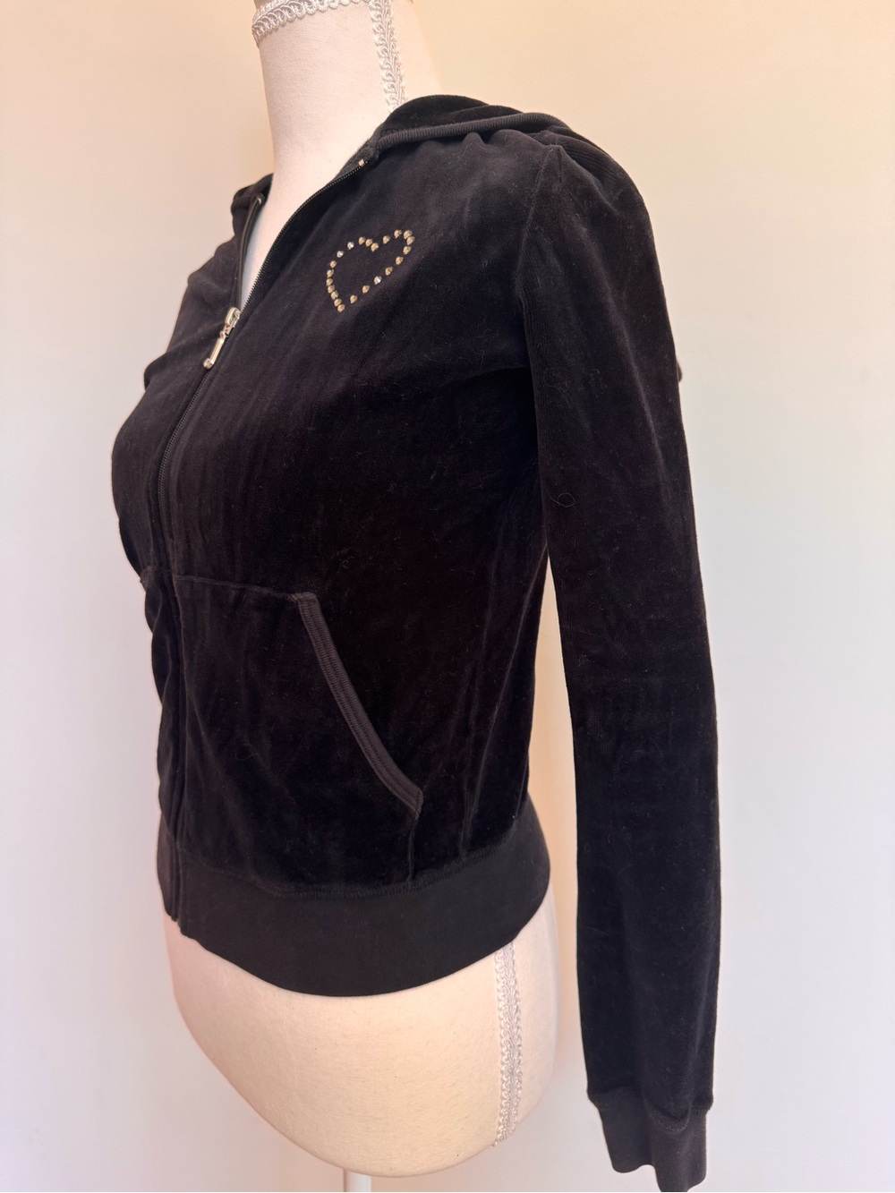 Juicy Couture Black Velour Zip Hoodie with Stud Heart - Picture 3 of 7